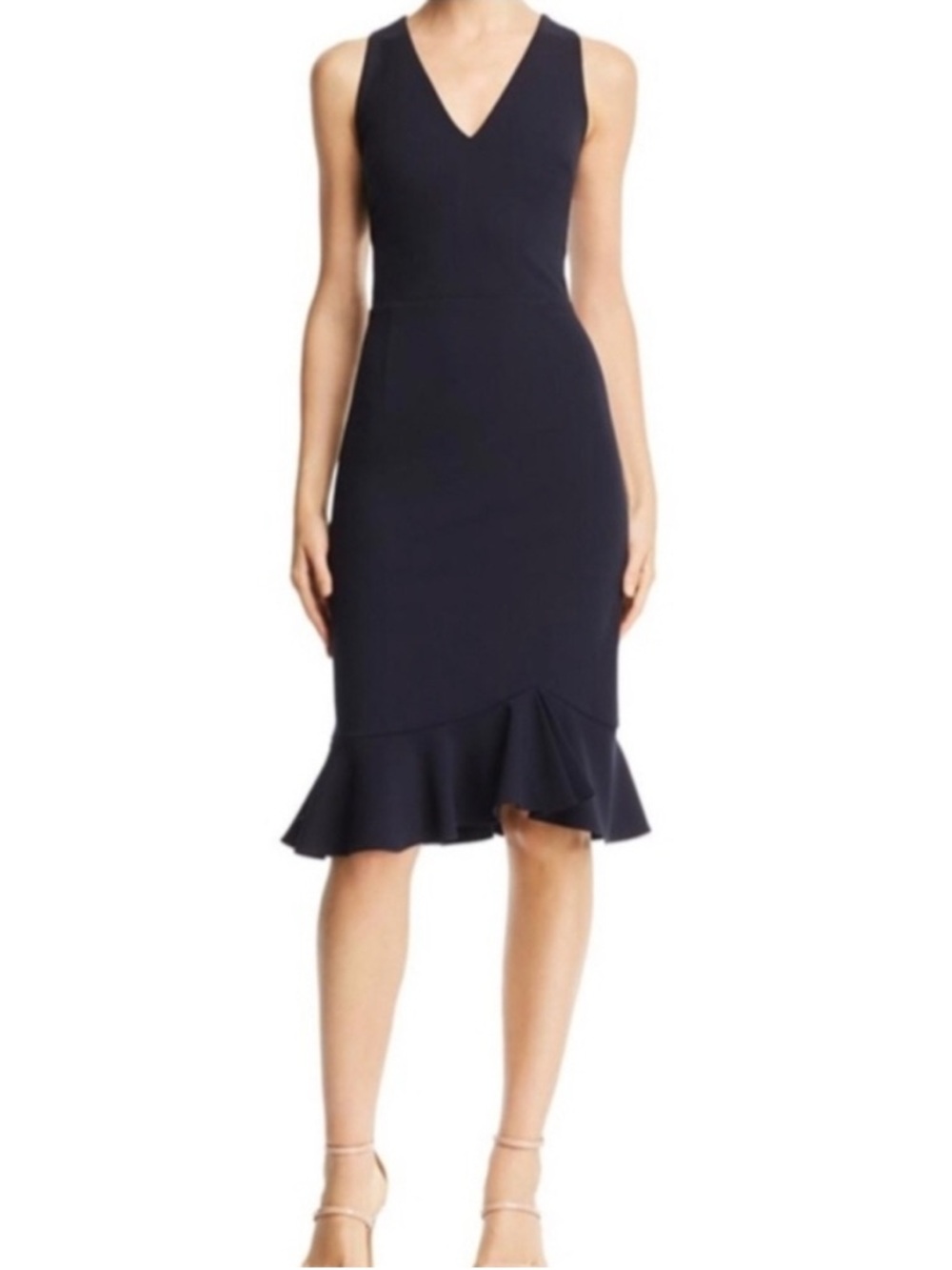 Betsey Johnson Navy Midi V-Neck Sleeveless Dress with Ruffle hem- size 8